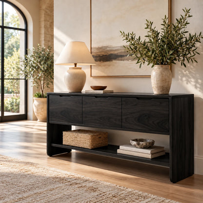 Behind Sofa Console Table with Three Drawers and Open Shelf on Waterfall Panels - Woodenecho - 10