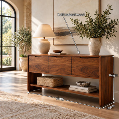 Behind Sofa Console Table with Three Drawers and Open Shelf on Waterfall Panels - Woodenecho - 11