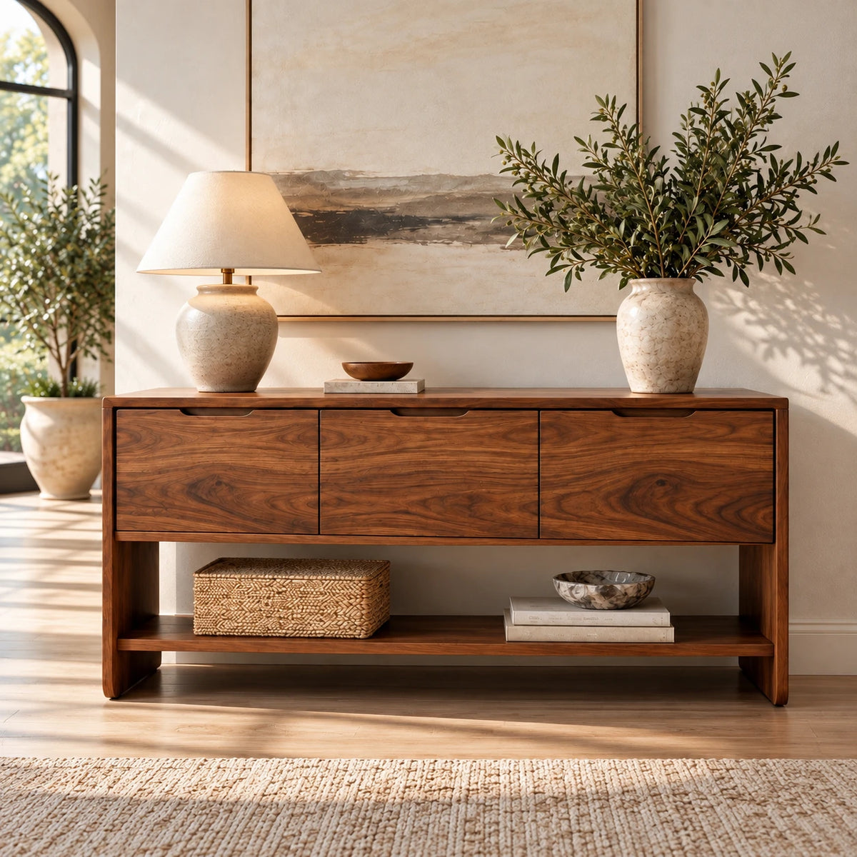Behind Sofa Console Table with Three Drawers and Open Shelf on Waterfall Panels - Woodenecho - 2