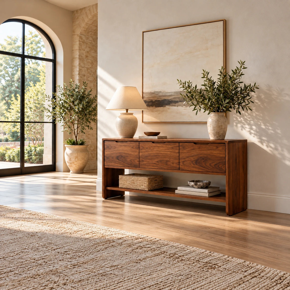 Behind Sofa Console Table with Three Drawers and Open Shelf on Waterfall Panels - Woodenecho - 3