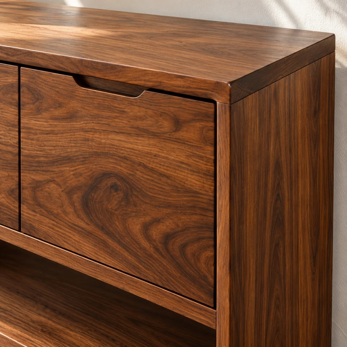 Behind Sofa Console Table with Three Drawers and Open Shelf on Waterfall Panels - Woodenecho - 4