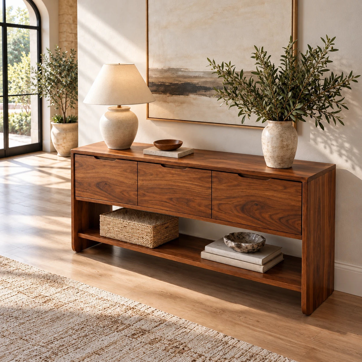 Behind Sofa Console Table with Three Drawers and Open Shelf on Waterfall Panels - Woodenecho - 5
