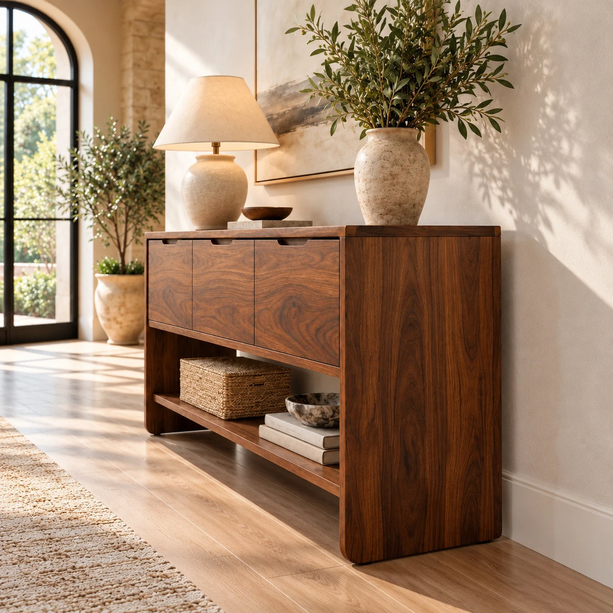 Behind Sofa Console Table with Three Drawers and Open Shelf on Waterfall Panels - Woodenecho - 6