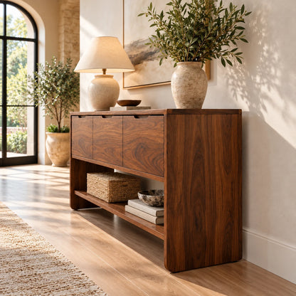 Behind Sofa Console Table with Three Drawers and Open Shelf on Waterfall Panels - Woodenecho - 6