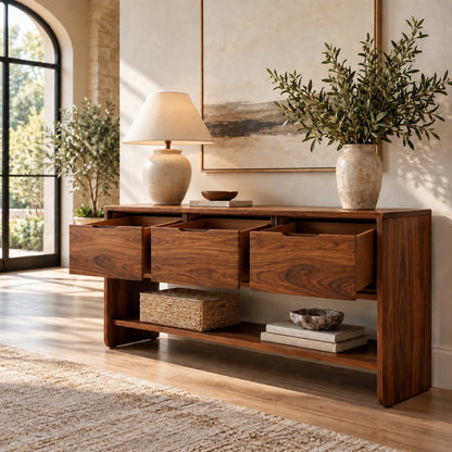 Behind Sofa Console Table with Three Drawers and Open Shelf on Waterfall Panels - Woodenecho - 7