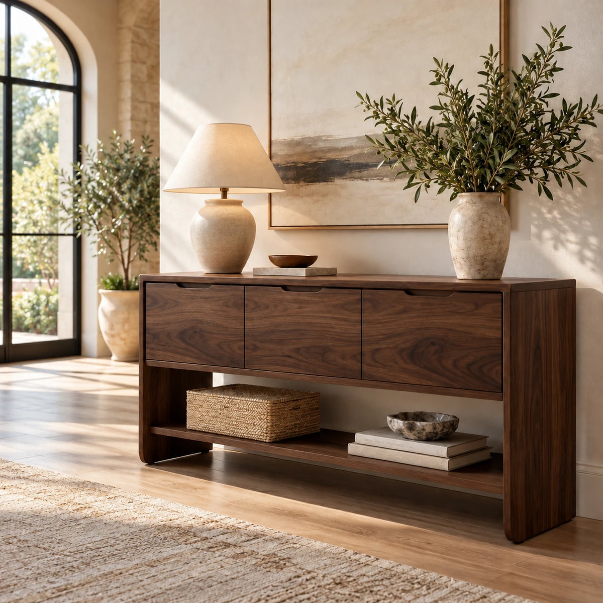 Behind Sofa Console Table with Three Drawers and Open Shelf on Waterfall Panels - Woodenecho - 8