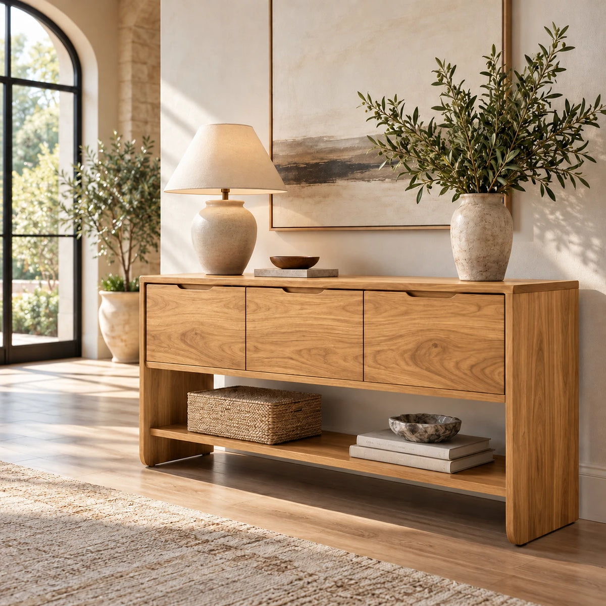 Behind Sofa Console Table with Three Drawers and Open Shelf on Waterfall Panels - Woodenecho - 9