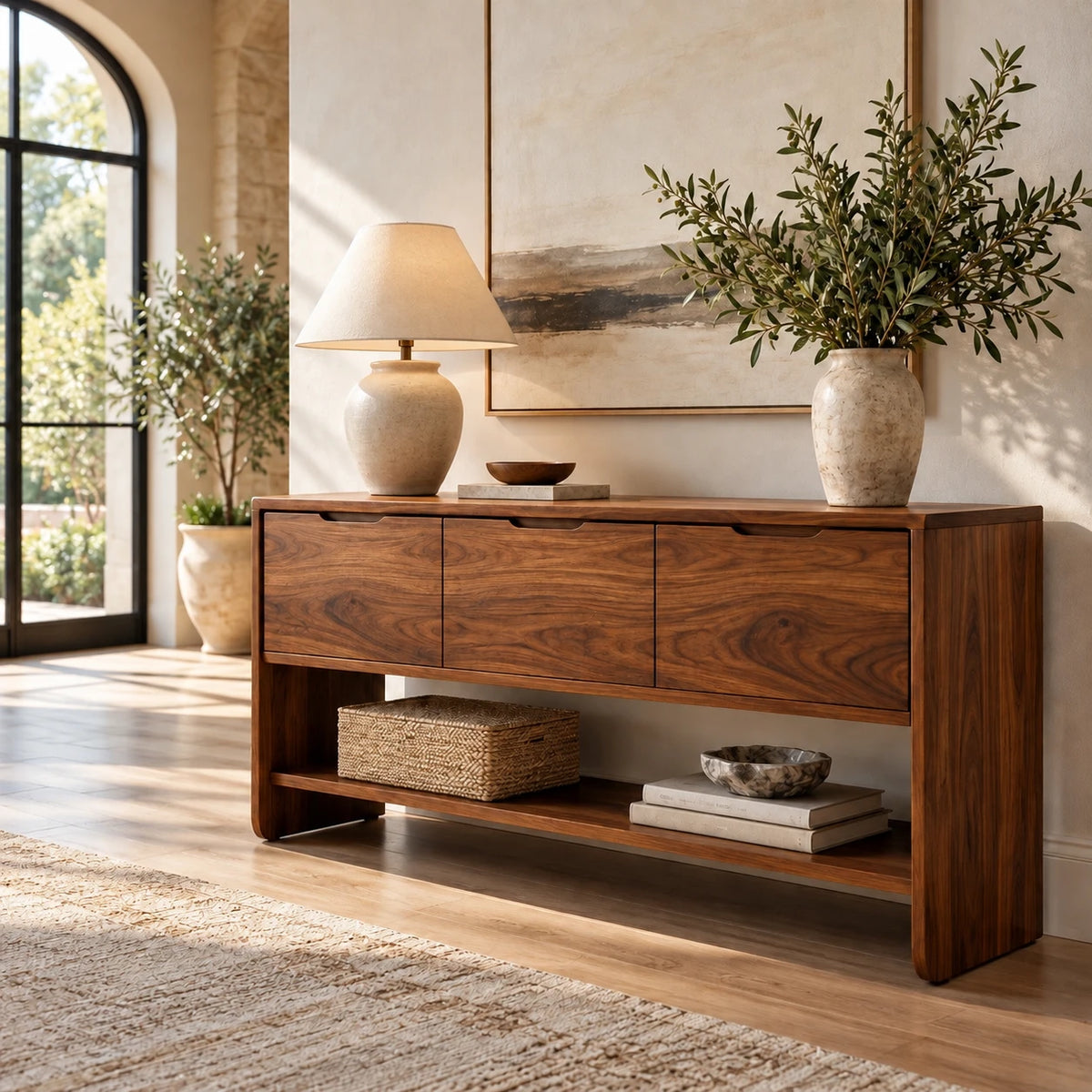 Behind Sofa Console Table with Three Drawers and Open Shelf on Waterfall Panels - Woodenecho