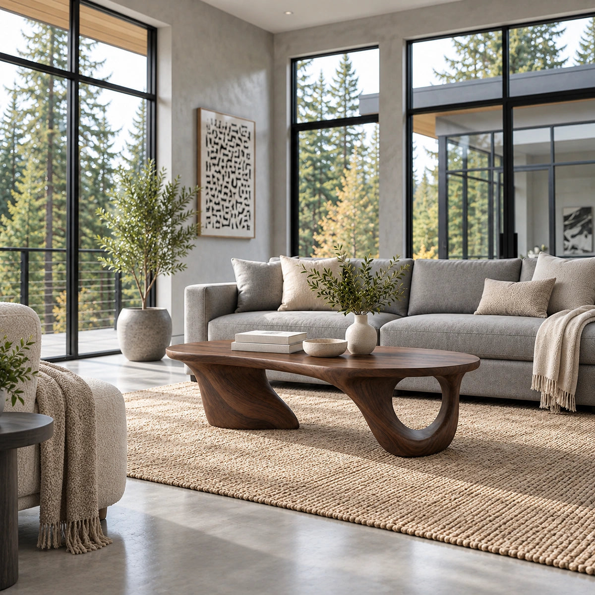 Biomorphic Coffee Table with Curved Sculptural Base in Natural Solid Wood - Woodenecho - 1