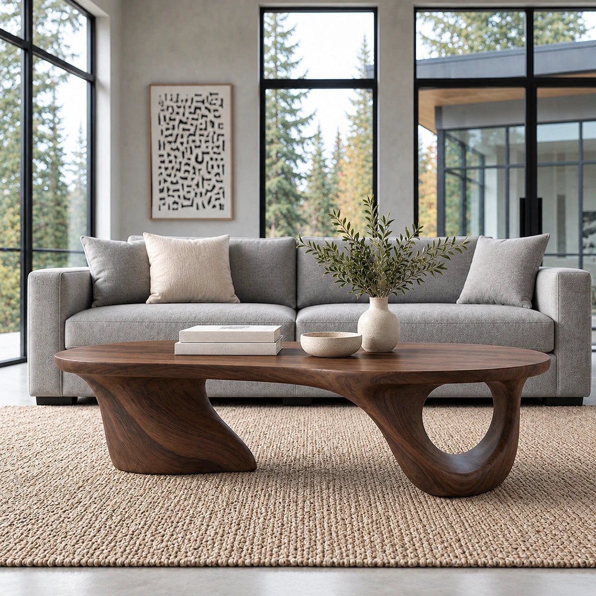 Biomorphic Coffee Table with Curved Sculptural Base in Natural Solid Wood - Woodenecho - 2