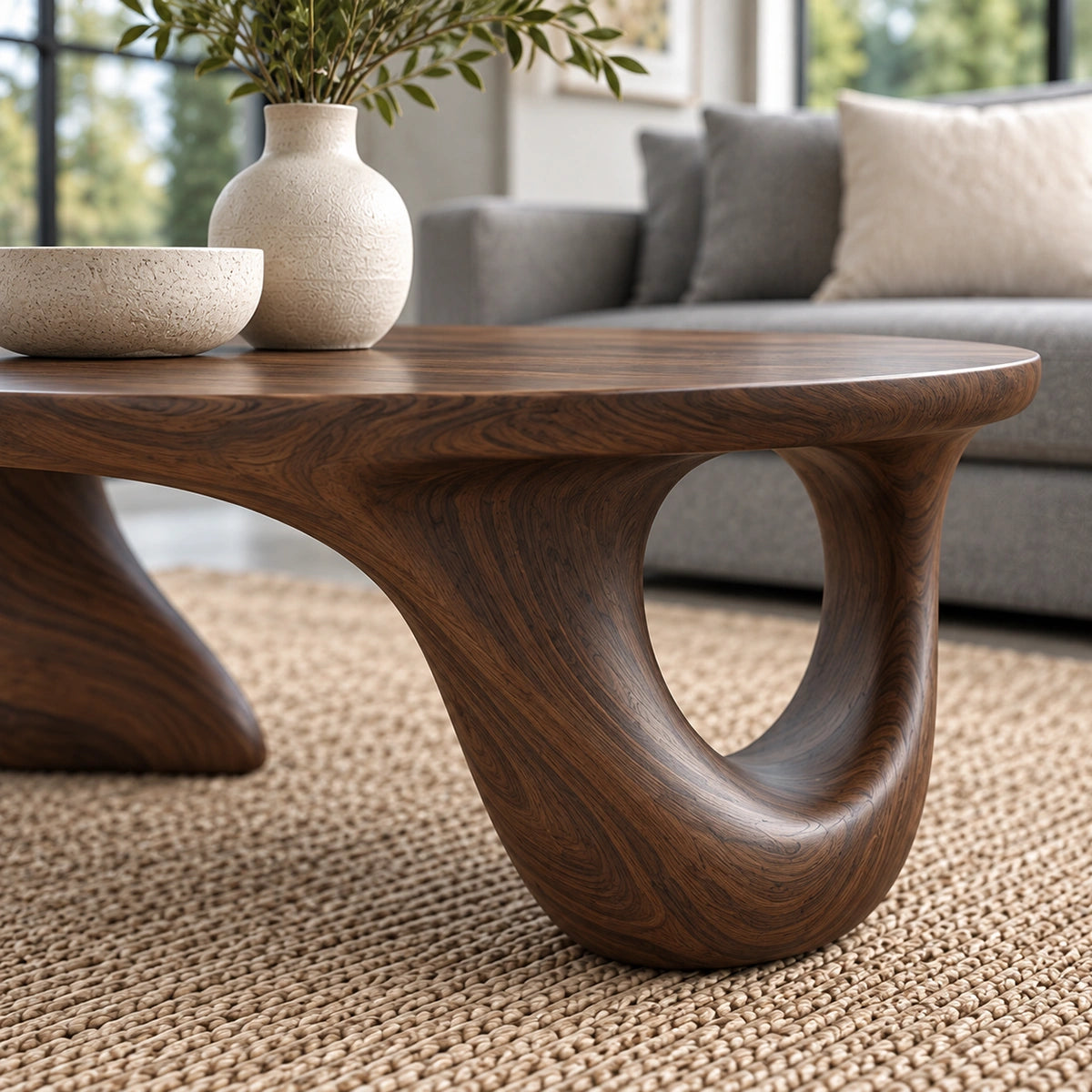 Biomorphic Coffee Table with Curved Sculptural Base in Natural Solid Wood - Woodenecho - 3