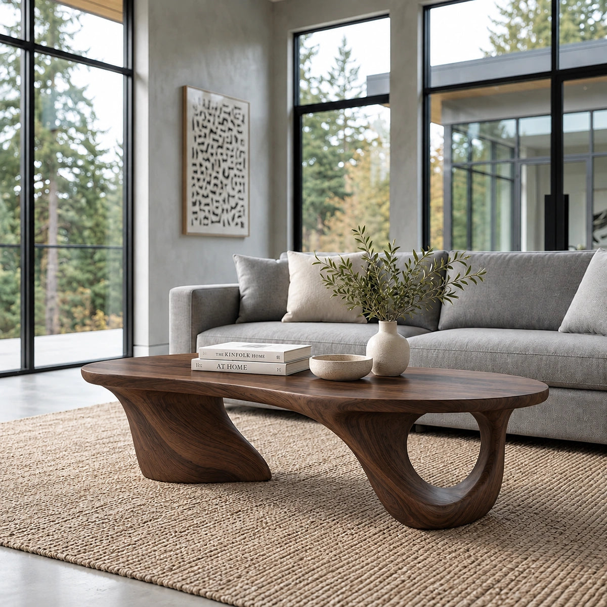Biomorphic Coffee Table with Curved Sculptural Base in Natural Solid Wood - Woodenecho - 6