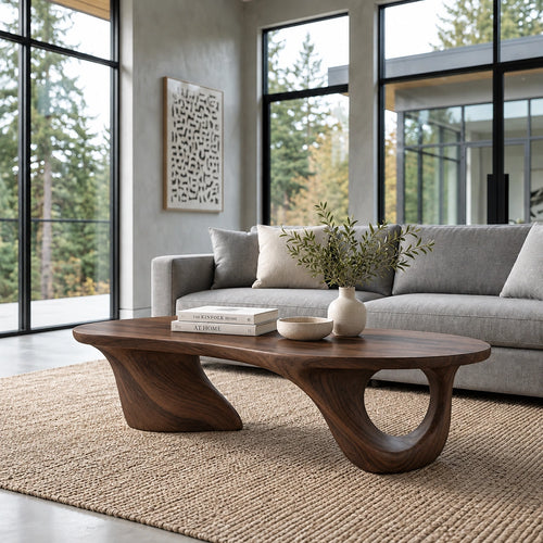 Biomorphic Coffee Table with Curved Sculptural Base in Natural Solid Wood - Woodenecho - 6