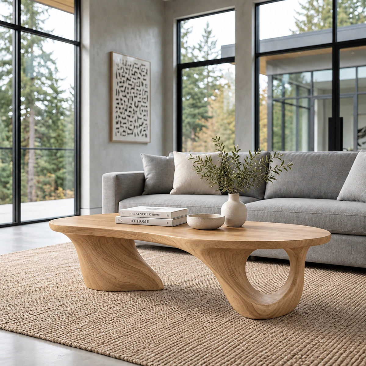 Biomorphic Coffee Table with Curved Sculptural Base in Natural Solid Wood - Woodenecho - 9