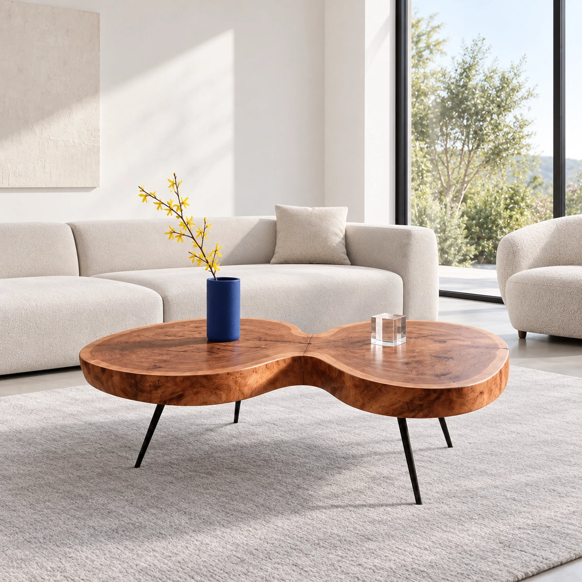 Biomorphic Coffee Table with Dual Curved Wooden Form in Natural Solid Wood - Woodenecho - 1