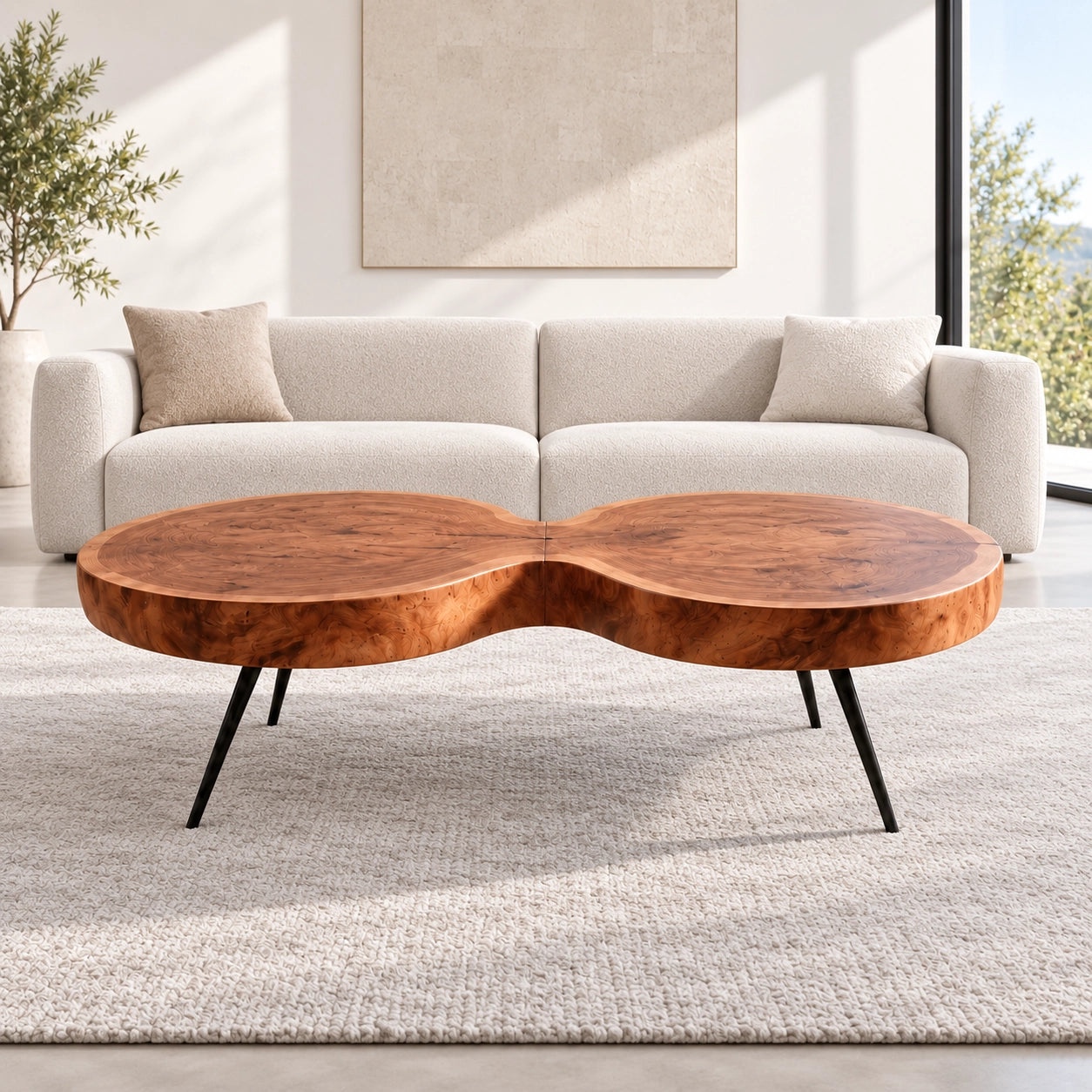 Biomorphic Coffee Table with Dual Curved Wooden Form in Natural Solid Wood - Woodenecho - 2
