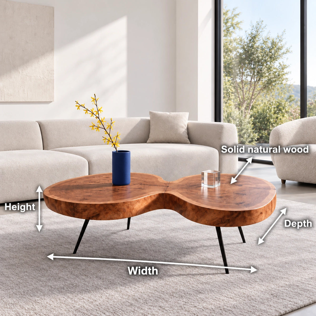 Biomorphic Coffee Table with Dual Curved Wooden Form in Natural Solid Wood - Woodenecho - 6