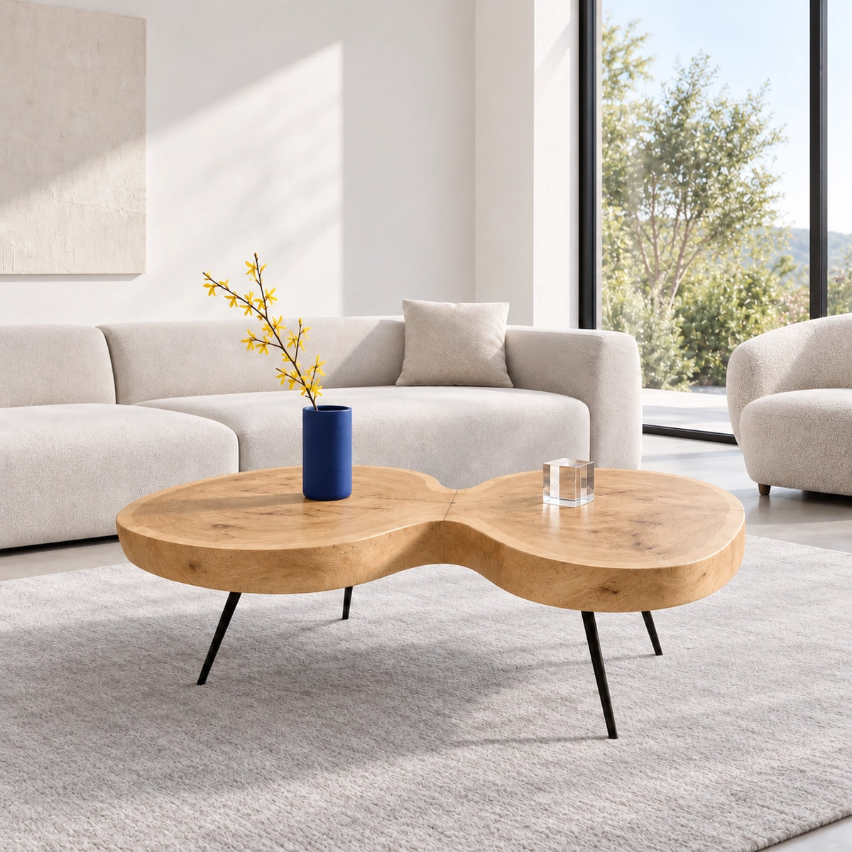 Biomorphic Coffee Table with Dual Curved Wooden Form in Natural Solid Wood - Woodenecho - 8