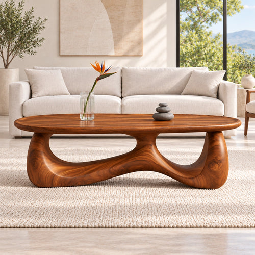 Biomorphic Coffee Table with Dual Curved Wooden Supports in Natural Solid Wood - Woodenecho - 1