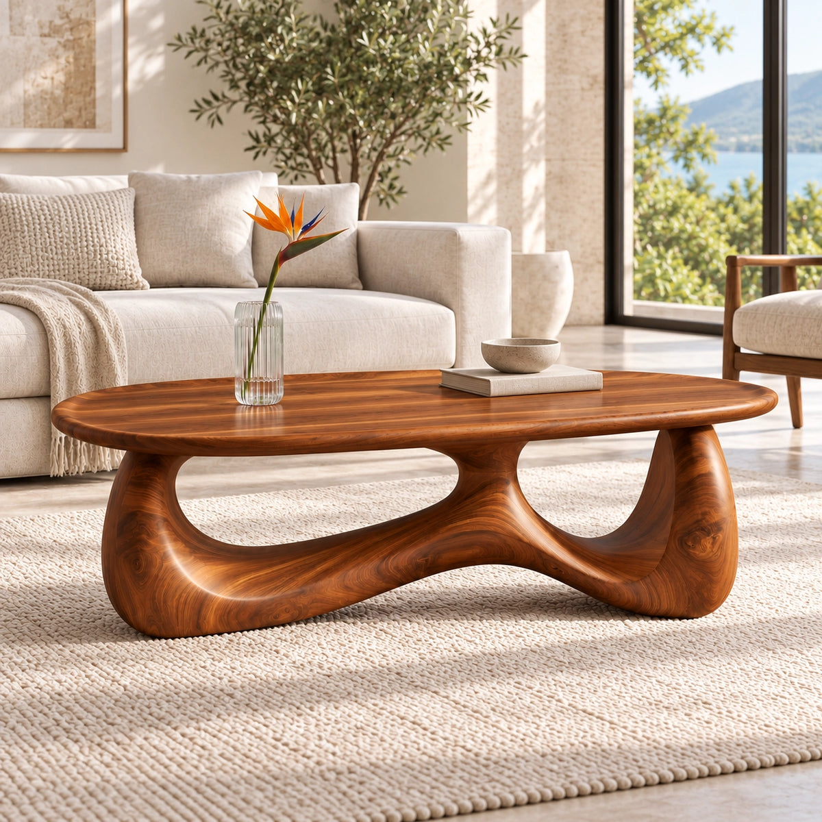 Biomorphic Coffee Table with Dual Curved Wooden Supports in Natural Solid Wood - Woodenecho - 2
