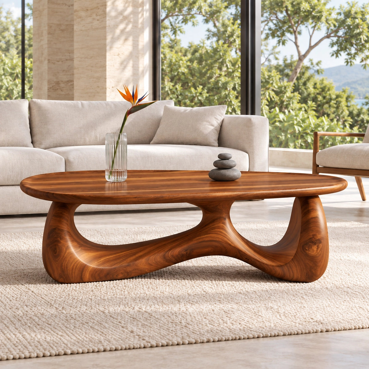 Biomorphic Coffee Table with Dual Curved Wooden Supports in Natural Solid Wood - Woodenecho - 3