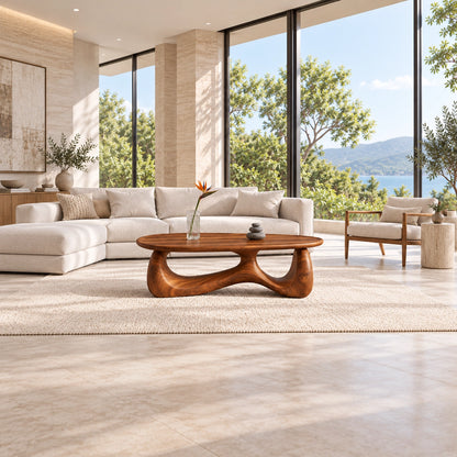 Biomorphic Coffee Table with Dual Curved Wooden Supports in Natural Solid Wood - Woodenecho - 4