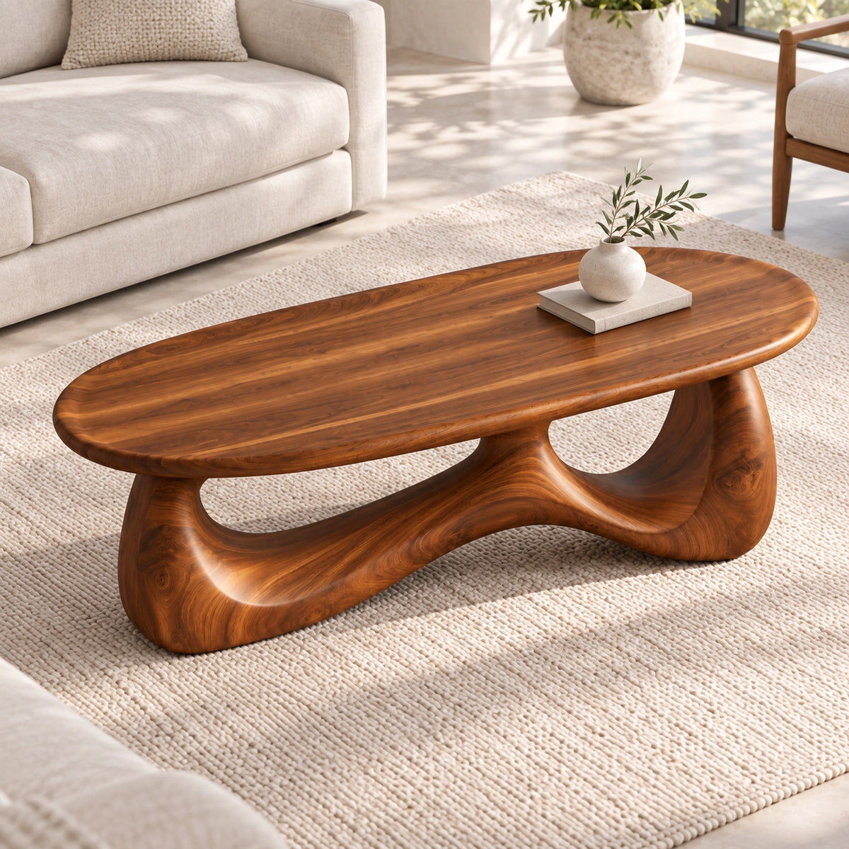 Biomorphic Coffee Table with Dual Curved Wooden Supports in Natural Solid Wood - Woodenecho - 5