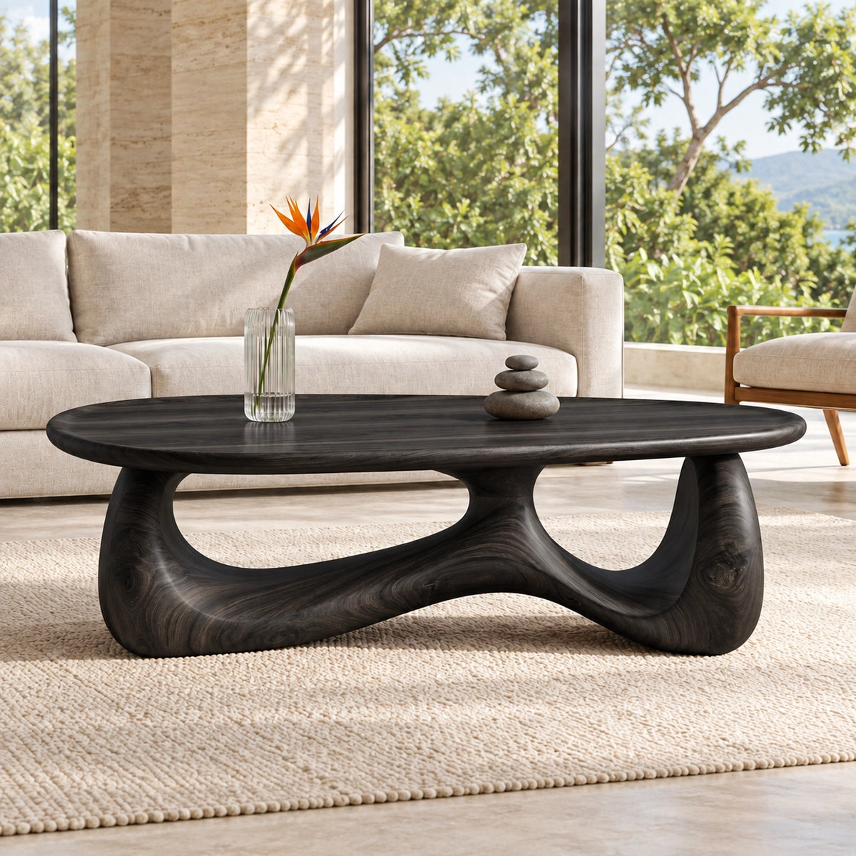 Biomorphic Coffee Table with Dual Curved Wooden Supports in Natural Solid Wood - Woodenecho - 7