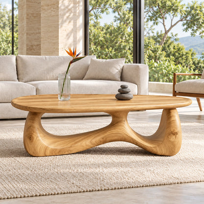 Biomorphic Coffee Table with Dual Curved Wooden Supports in Natural Solid Wood - Woodenecho - 8