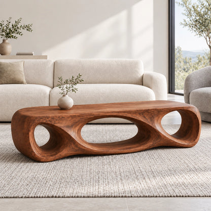 Biomorphic Coffee Table with Sculptural Oval Openings in Natural Solid Wood - Woodenecho - 1