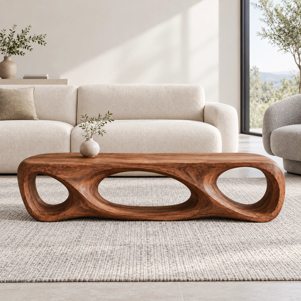 Biomorphic Coffee Table with Sculptural Oval Openings in Natural Solid Wood - Woodenecho - 2