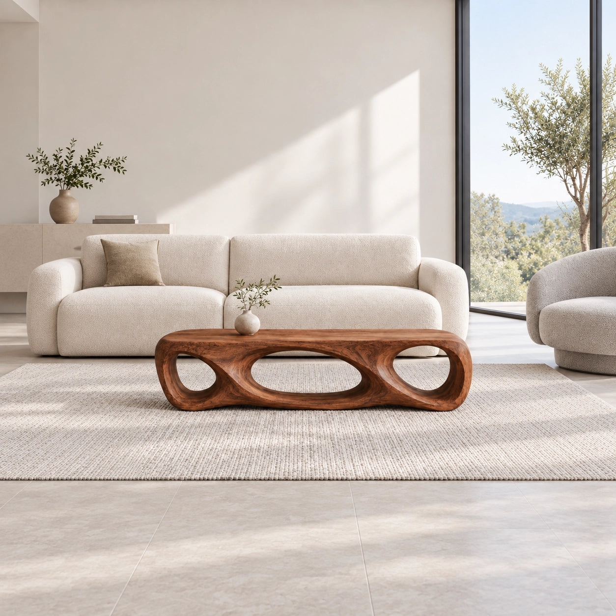 Biomorphic Coffee Table with Sculptural Oval Openings in Natural Solid Wood - Woodenecho - 3