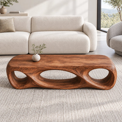 Biomorphic Coffee Table with Sculptural Oval Openings in Natural Solid Wood - Woodenecho - 4