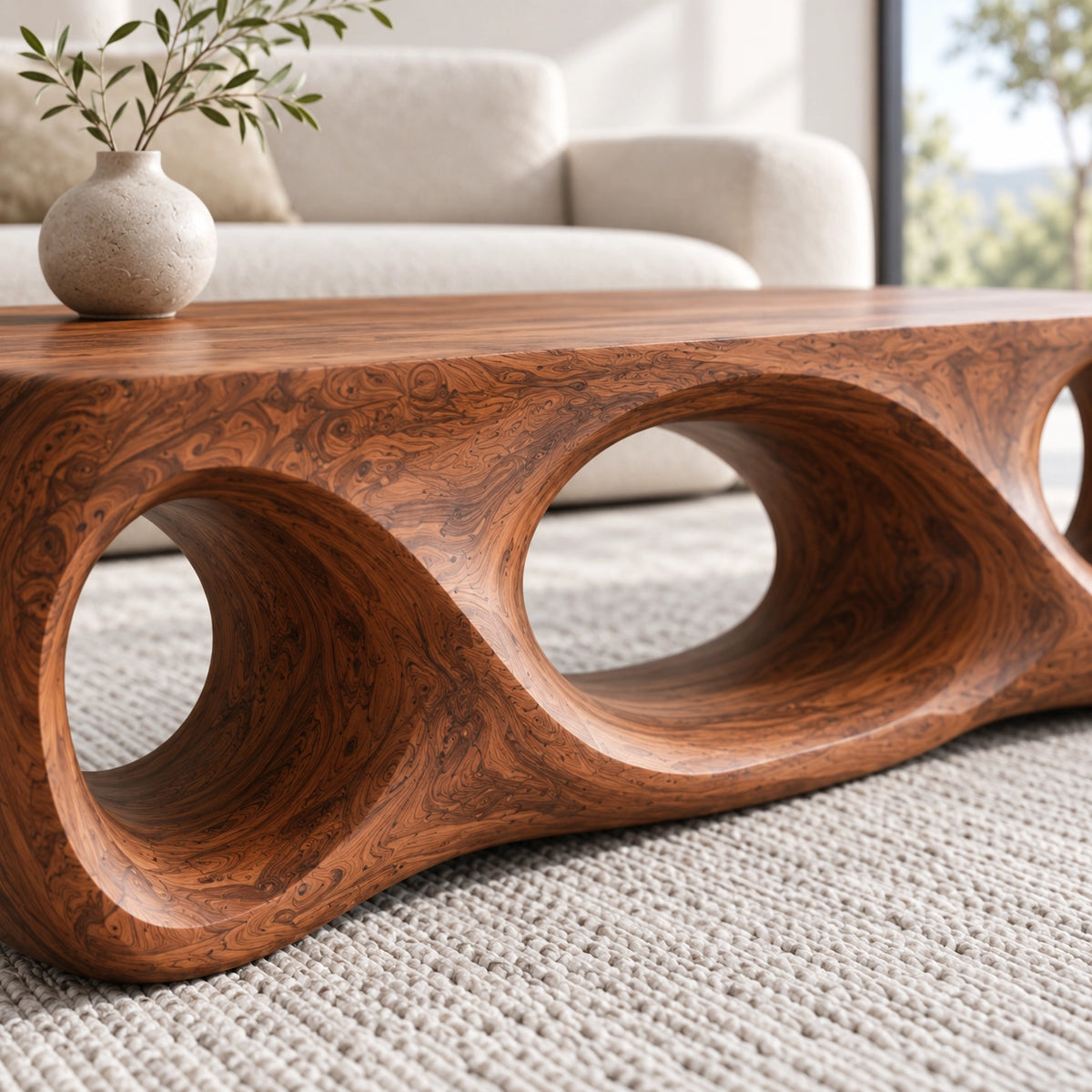Biomorphic Coffee Table with Sculptural Oval Openings in Natural Solid Wood - Woodenecho - 5