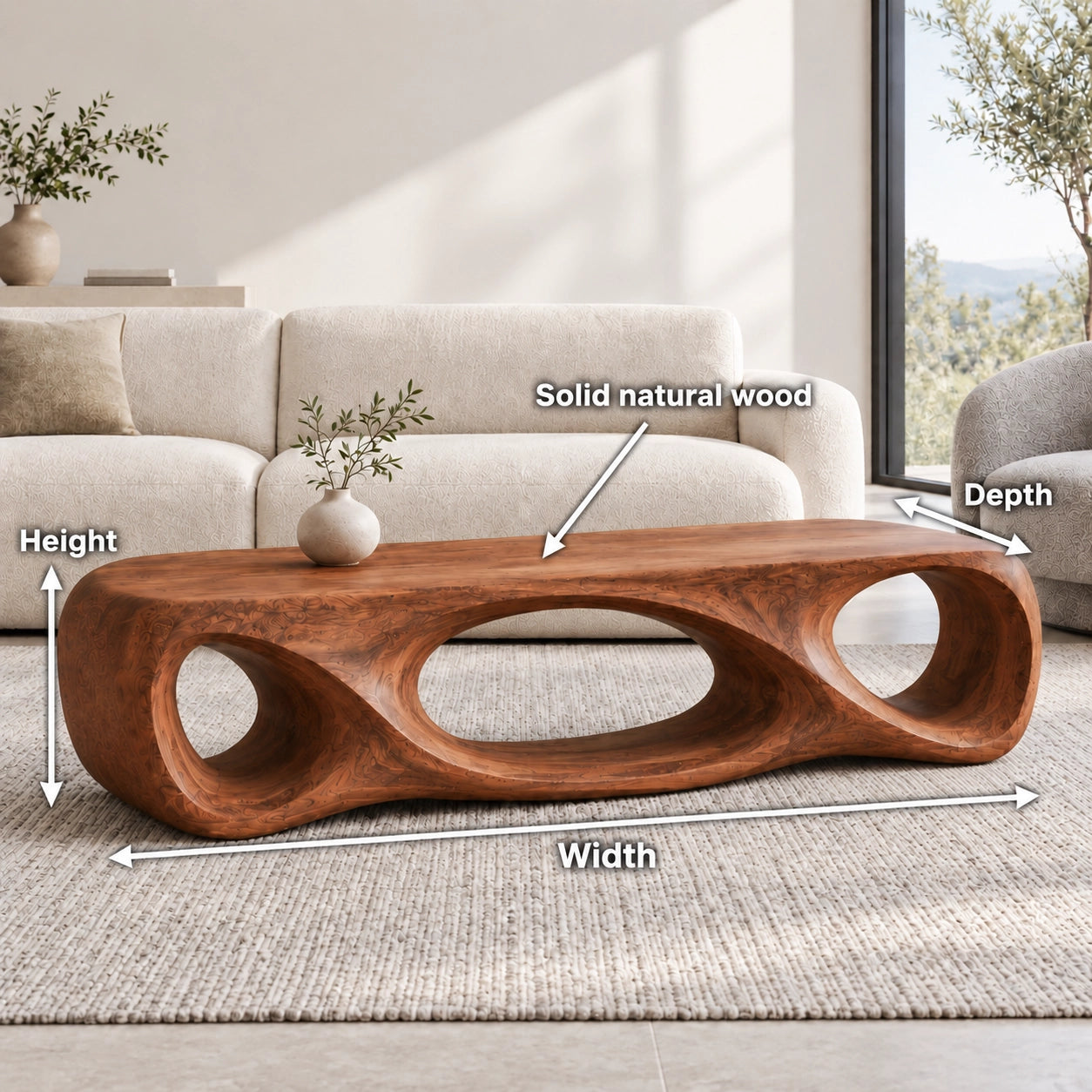 Biomorphic Coffee Table with Sculptural Oval Openings in Natural Solid Wood - Woodenecho - 6