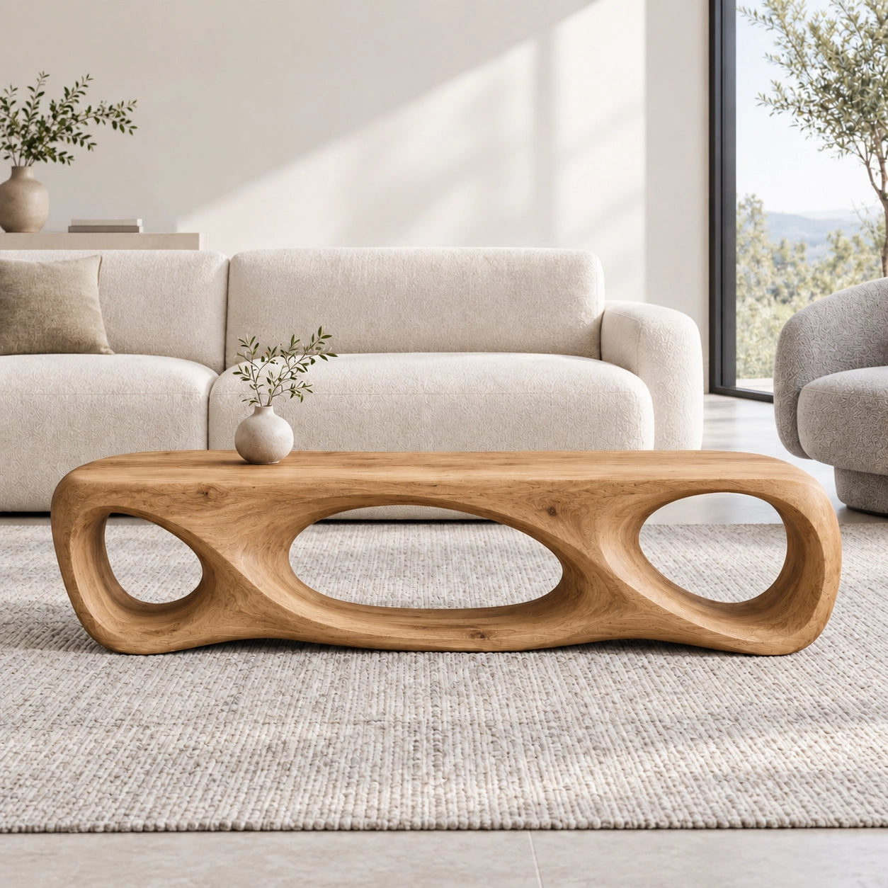 Biomorphic Coffee Table with Sculptural Oval Openings in Natural Solid Wood - Woodenecho - 8