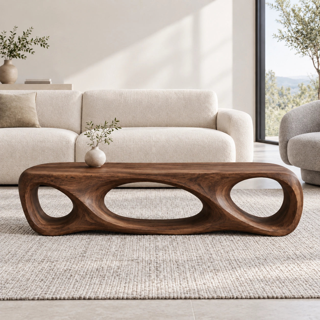 Biomorphic Coffee Table with Sculptural Oval Openings in Natural Solid Wood - Woodenecho - 9