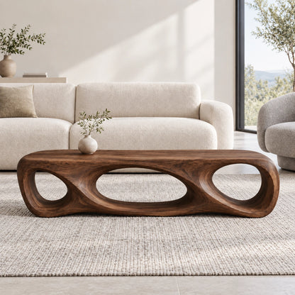 Biomorphic Coffee Table with Sculptural Oval Openings in Natural Solid Wood - Woodenecho - 9