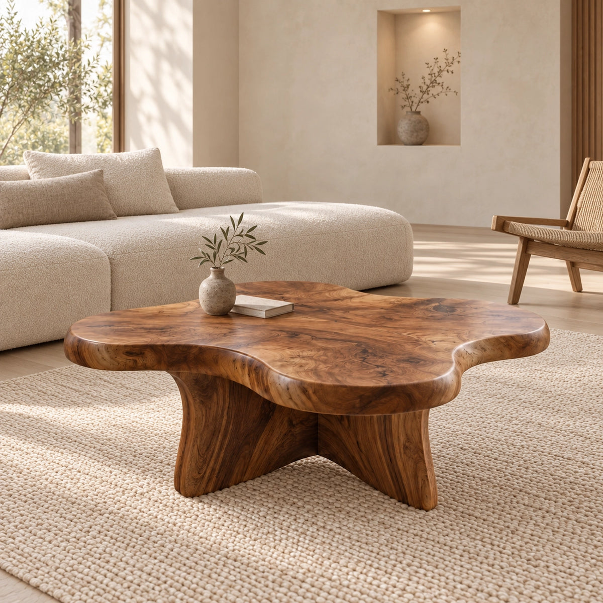 Biomorphic Coffee Table with Wavy Top in Natural Solid Wood Design - Woodenecho - 1