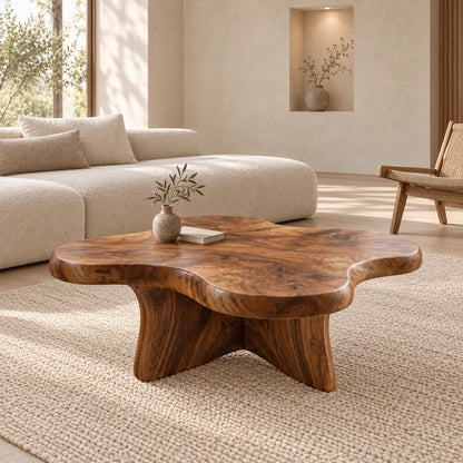 Biomorphic Coffee Table with Wavy Top in Natural Solid Wood Design - Woodenecho - 1