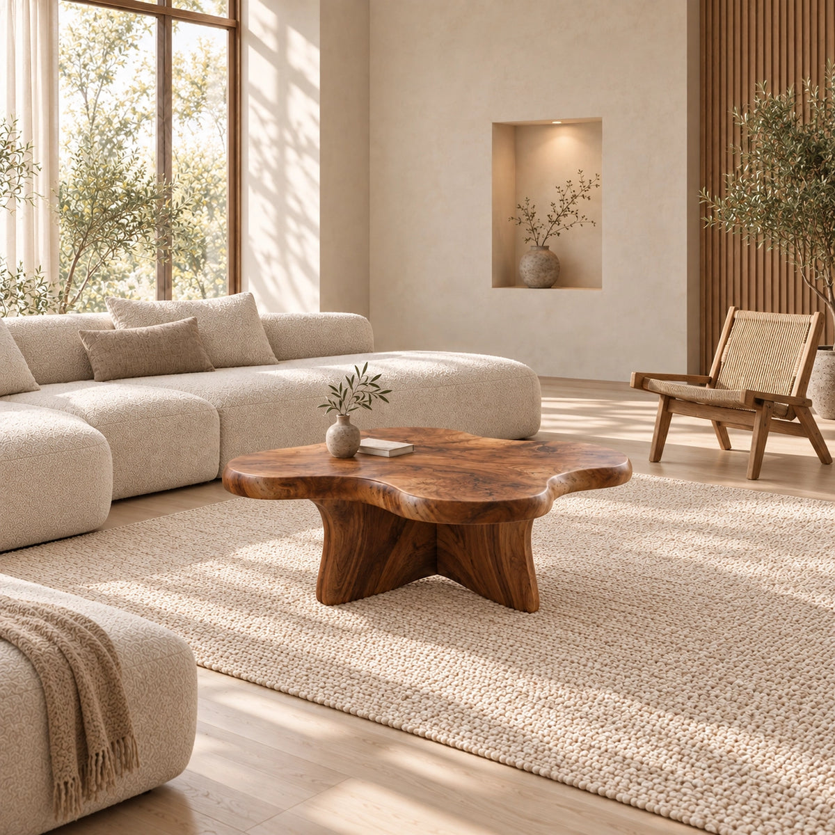 Biomorphic Coffee Table with Wavy Top in Natural Solid Wood Design - Woodenecho - 2