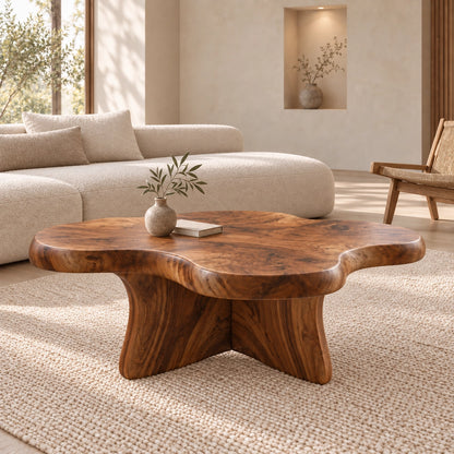 Biomorphic Coffee Table with Wavy Top in Natural Solid Wood Design - Woodenecho - 3