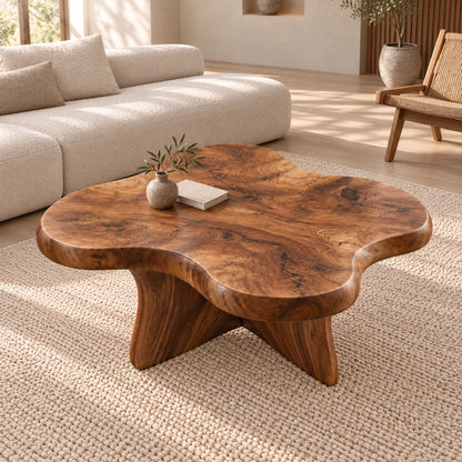 Biomorphic Coffee Table with Wavy Top in Natural Solid Wood Design - Woodenecho - 4