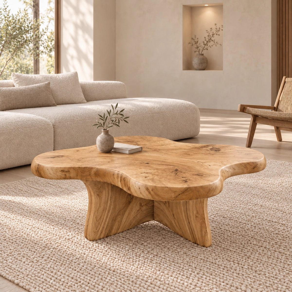 Biomorphic Coffee Table with Wavy Top in Natural Solid Wood Design - Woodenecho - 8