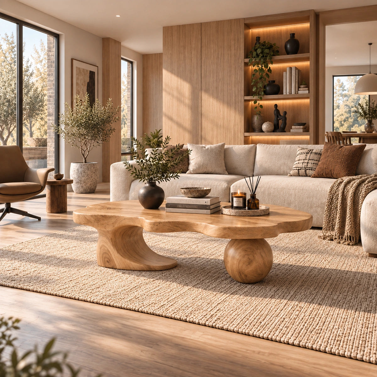 Biomorphic Coffee Table with Wooden Pedestal Base for Modern Living - Woodenecho - 1