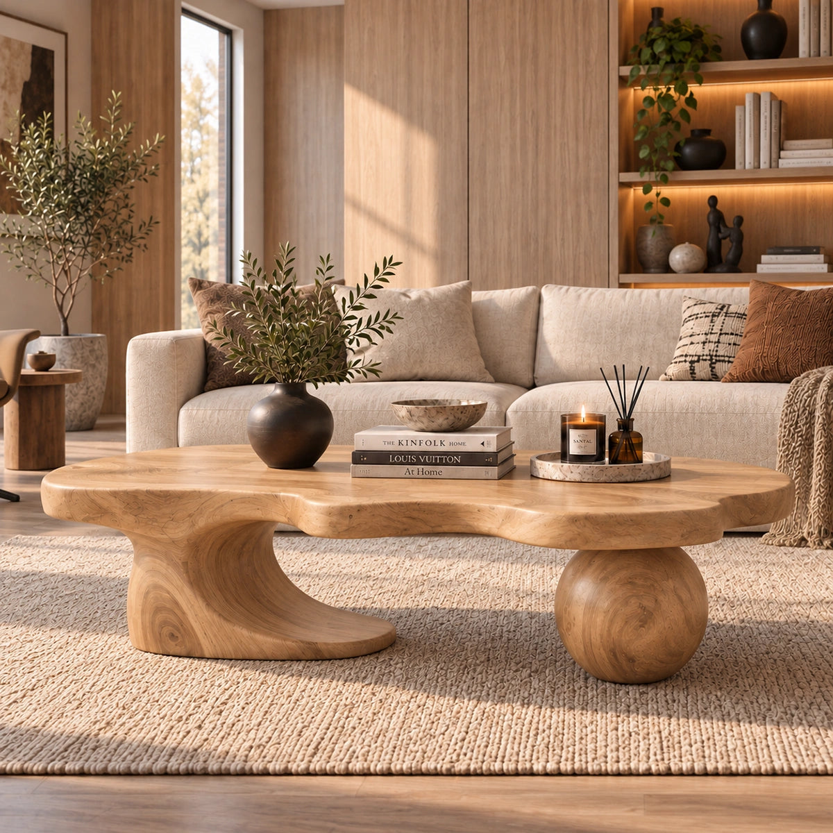 Biomorphic Coffee Table with Wooden Pedestal Base for Modern Living - Woodenecho - 2