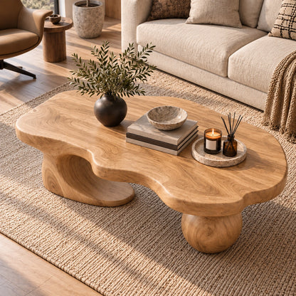 Biomorphic Coffee Table with Wooden Pedestal Base for Modern Living - Woodenecho - 3