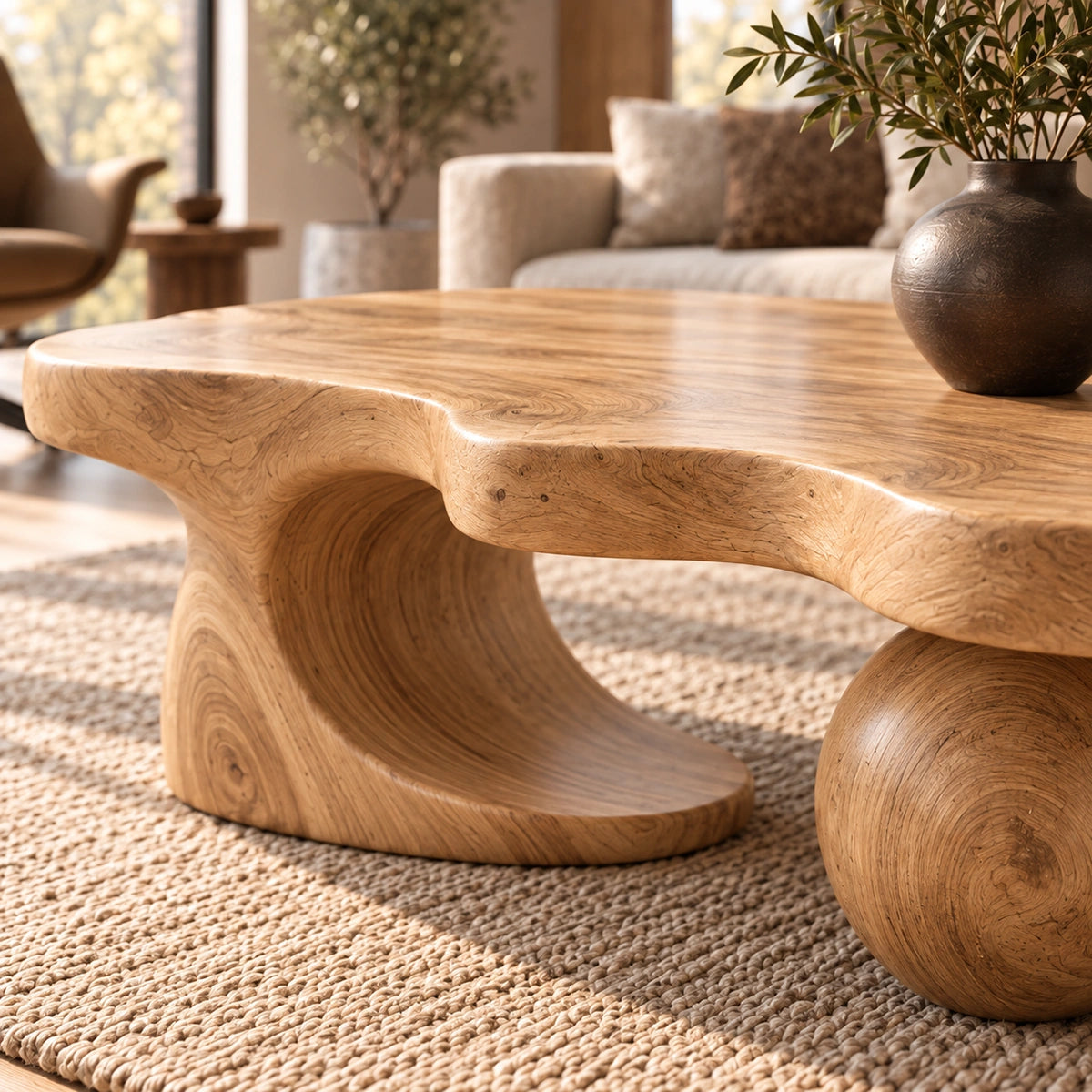 Biomorphic Coffee Table with Wooden Pedestal Base for Modern Living - Woodenecho - 4