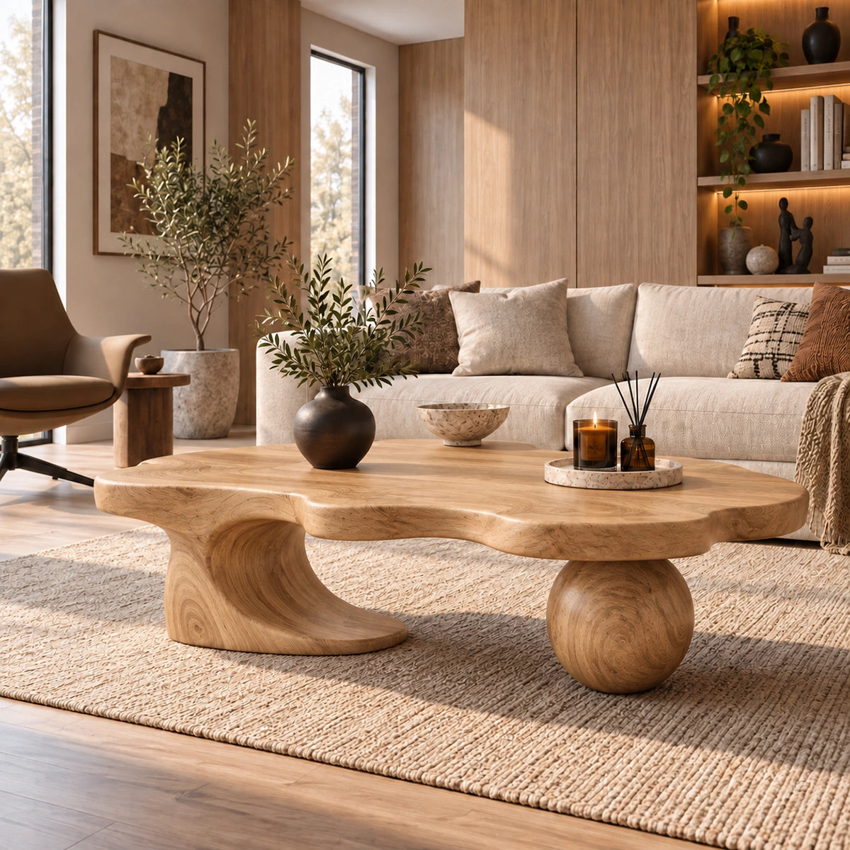 Biomorphic Coffee Table with Wooden Pedestal Base for Modern Living - Woodenecho - 6