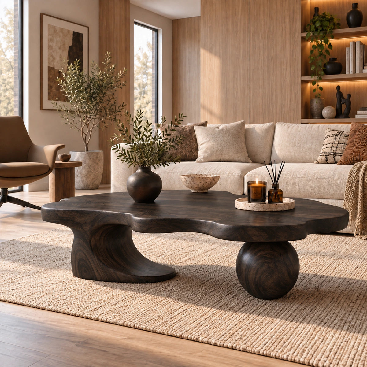 Biomorphic Coffee Table with Wooden Pedestal Base for Modern Living - Woodenecho - 7